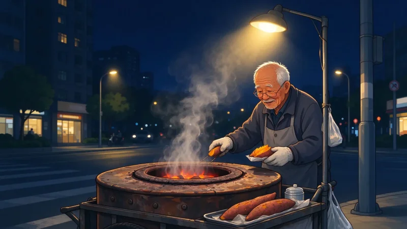 加班到深夜，回家的路上遇到卖烤红薯的大爷